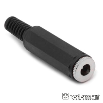 Conector de áudio preto com detalhe metálico e corpo hexagonal