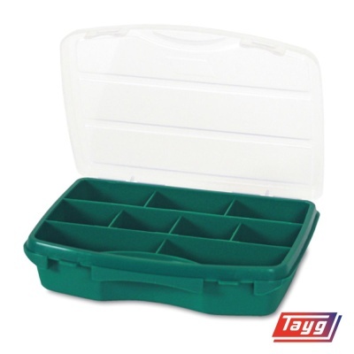 Caixa organizadora verde com tampa transparente e compartimentos
