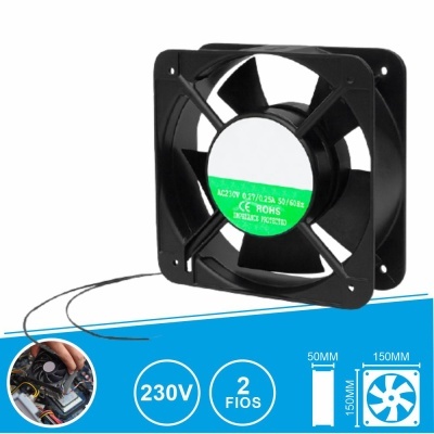 Ventoinha de refrigeração preta quadrada com etiqueta verde e cabo com dois fios