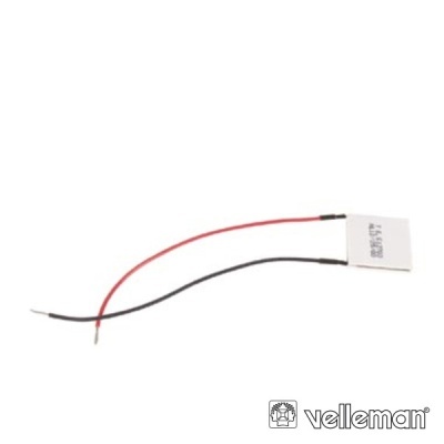 Componente eletrônico quadrado com fios vermelho e preto, texto 'GTEC V15' e logo Velleman