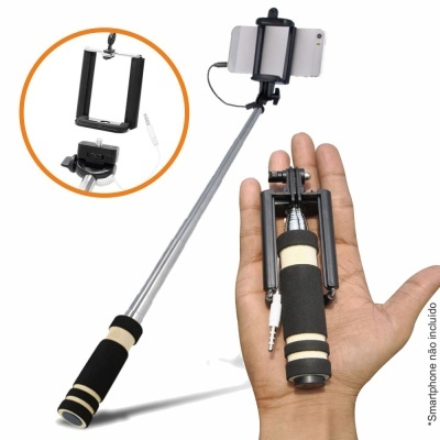 Bastão de selfie extensível em metal com pegador de espuma e suporte para smartphone