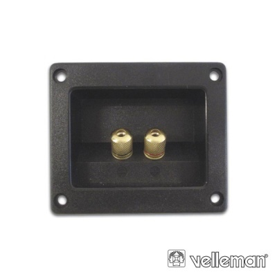 Conector de áudio de parede preto com dois terminais dourados e logótipo Velleman
