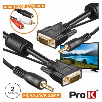 Cabo adaptador Pro K VGA para jack 3.5 mm preto com adaptador jack RCA e televisão ao fundo