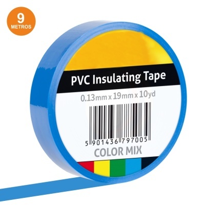 Rolo de fita isolante PVC azul com embalagem detalhada