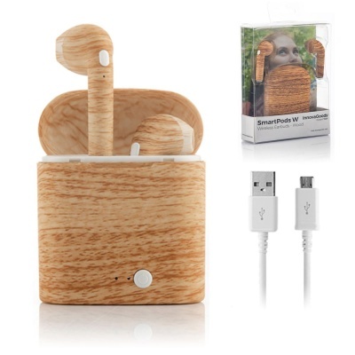 Auscultadores estilo madeira com estojo, cabo USB e embalagem