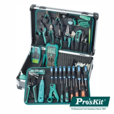 Estojo de ferramentas Pro'sKit com várias ferramentas elétricas e de precisão organizadas