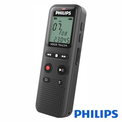 Gravador de voz digital preto da Philips com ecrã LCD e botões de controlo