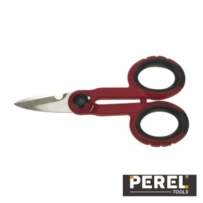 Tesoura pequena com lâminas metálicas e cabo vermelho e preto