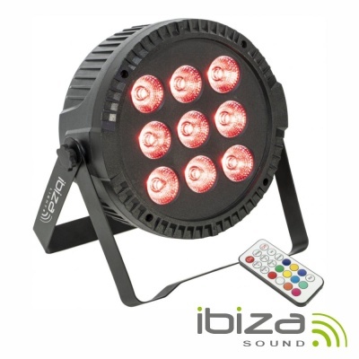 Luz de palco preta redonda com LEDs vermelhos e comando remoto multicolorido