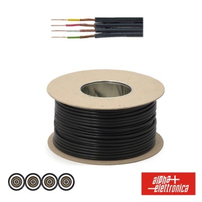 Carretel de fio preto com quatro condutores coloridos expostos e logo Alpha Elettronica