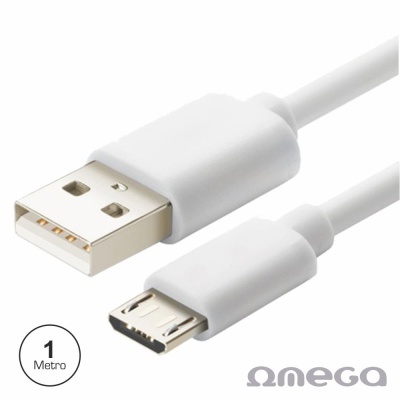 Cabo USB branco com USB tipo A e micro USB, 1 metro, fundo branco, logótipo omega