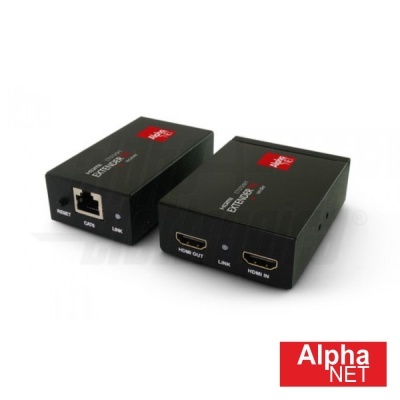Dispositivos eletrónicos pretos com conexões HDMI e Ethernet e rótulo Alpha NET