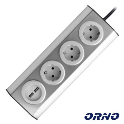 Régua de tomadas com 3 entradas elétricas e 2 portas USB, corpo metálico prateado e logotipo ORNO