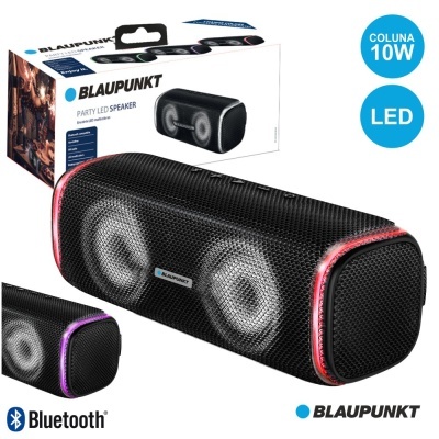 Coluna portátil Bluetooth Blaupunkt preta com luzes LED vermelhas
