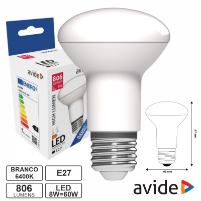 Lâmpada LED branca 6400K Avide com embalagem e especificações técnicas.