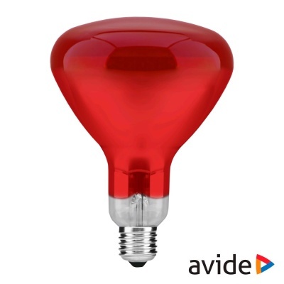 Lâmpada de bulbo vermelho com base metálica e texto avide