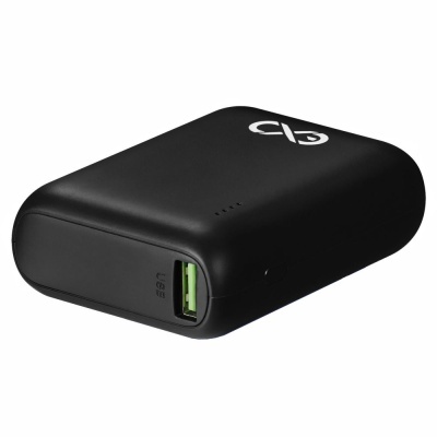 Carregador portátil preto com porta USB verde e logótipo branco