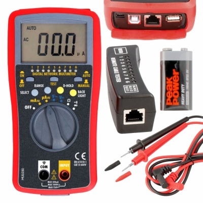 Multímetro digital de rede com display, adaptador de cabo de rede, bateria 9V e cabos de teste