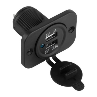 Carregador duplo USB preto com tampa articulada