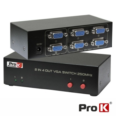 Switch VGA ProK preto com conexões VGA azuis e botões vermelhos.
