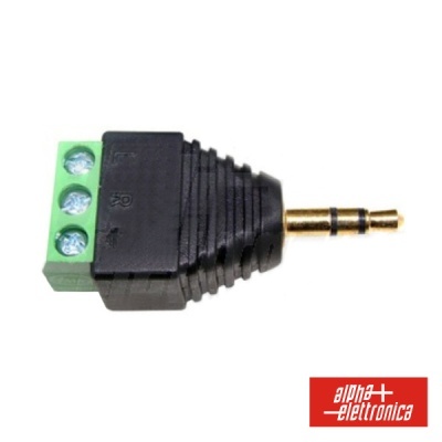 Adaptador jack 3,5 mm com terminal de parafuso verde e logo alpha elettronica