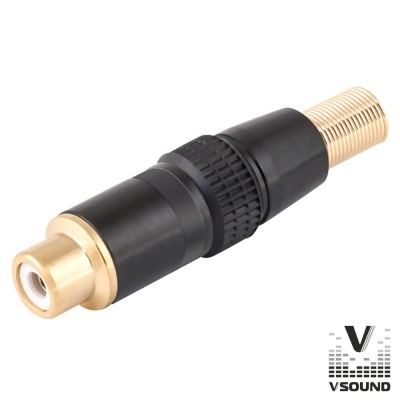 Adaptador de áudio com conector RCA fêmea dourado e corpo preto com textura