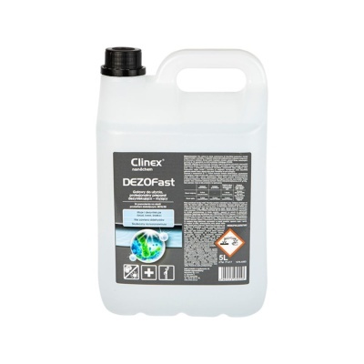 Bidão branco 5L Clinex DEZOfast com tampa preta e etiqueta cinzenta e azul.