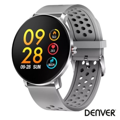 Relógio inteligente DENVER com pulseira cinzenta perfurada e mostrador digital colorido