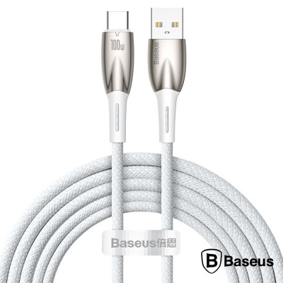 Cabo USB tipo C branco trançado com conectores prateados e logotipo Baseus