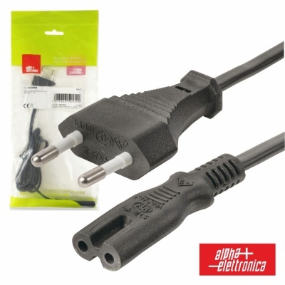 Cabo elétrico preto com ficha de dois pinos e embalagem plástica