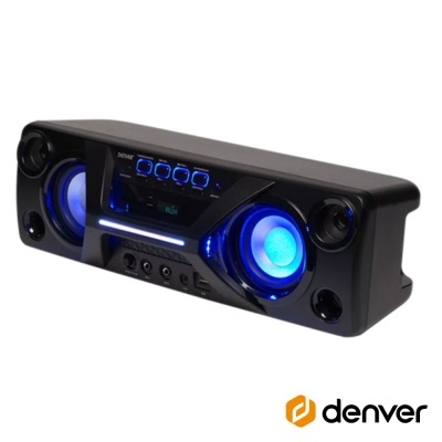 Coluna de som preta da Denver com luzes azuis e visor digital