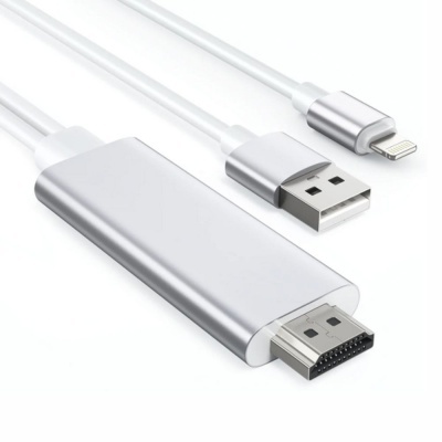 Cabo adaptador com conectores USB, Lightning e HDMI em metal prateado e cabo branco
