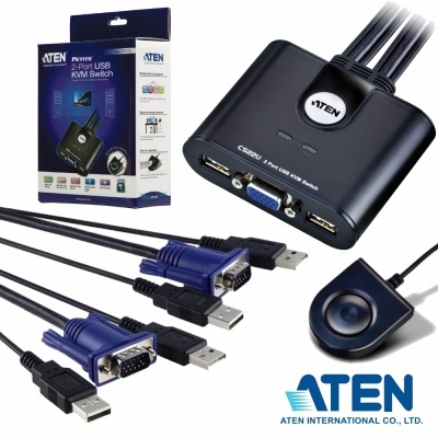 Interruptor KVM USB 2 Port ATEN com cabos USB e VGA e comando remoto