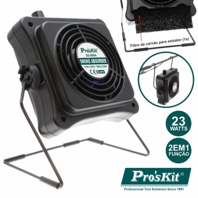 Absorvedor de fumo preto com grelha frontal e suporte metálico, etiqueta Pro'sKit 99-614A, filtro de carvão incluído.