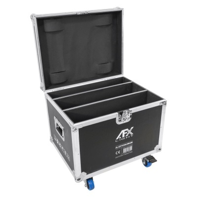 Caixa de transporte preta com reforços metálicos e rodas azuis