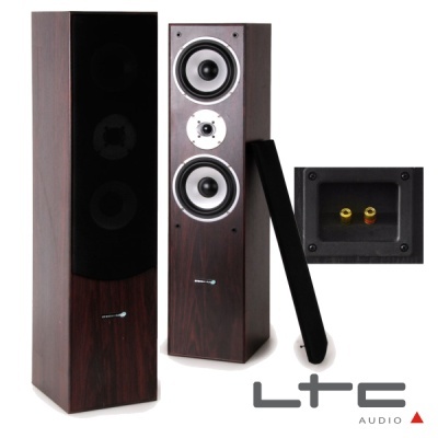 Par de colunas de áudio LTC Audio em madeira escura com grelha preta