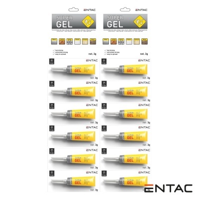 Tubos pequenos de cola em gel amarela ENTAC sobre fundo branco