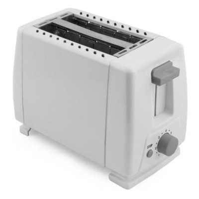 Torradeira branca com duas ranhuras e botões cinzentos.