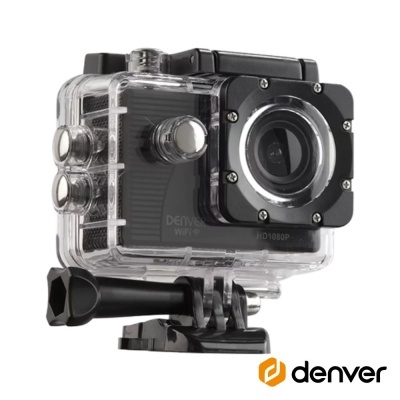 Câmara de ação preta Denver HD1080P em estojo transparente impermeável com suporte.