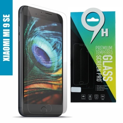 Protetor de ecrã transparente em vidro temperado para Xiaomi Mi 9 SE com embalagem ao lado.