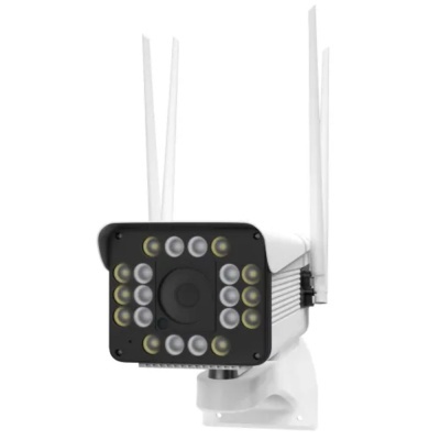 Câmara de segurança branca com antenas e LEDs