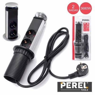 Torre elétrica extensível preta com dois tomadas e cabo, marca PEREL