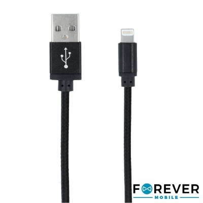 Cabo de carregamento preto com USB e Lightning com logótipo Forever Mobile