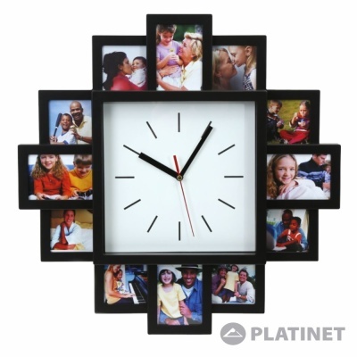 Relógio de parede quadrado com fotos ao redor e ponteiros no centro