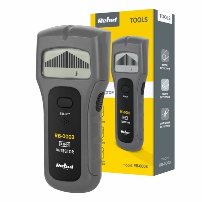 Detector eletrônico cinza e preto Rebel Tools RB-0003 com embalagem amarela e cinza