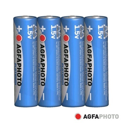 Quatro pilhas AGFAPHOTO 1,5 V cinza e azul com texto preto e branco