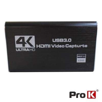 Dispositivo preto de captura de vídeo HDMI com texto branco 4K Ultra HD e USB 3.0
