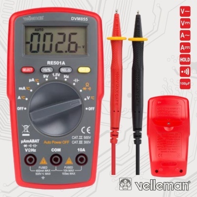 Multímetro Velleman DVM855 vermelho com display digital e sondas vermelha e preta
