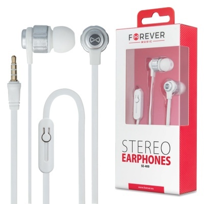 Auscultadores stereo earphones brancos com cabo e microfone, na embalagem vermelha e branca da marca FOREVER.