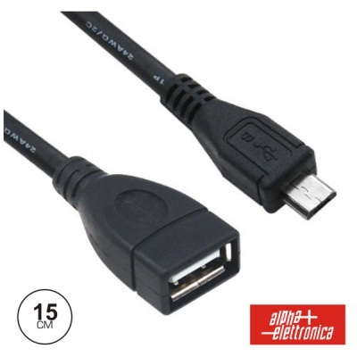 Cabo de extensão USB preto com conector Micro USB macho e USB tipo A fêmea, 15 cm.